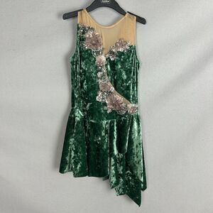 Ballet Leotard Child XL Green Velvet Mesh Floral Stage Costume Headband Dance